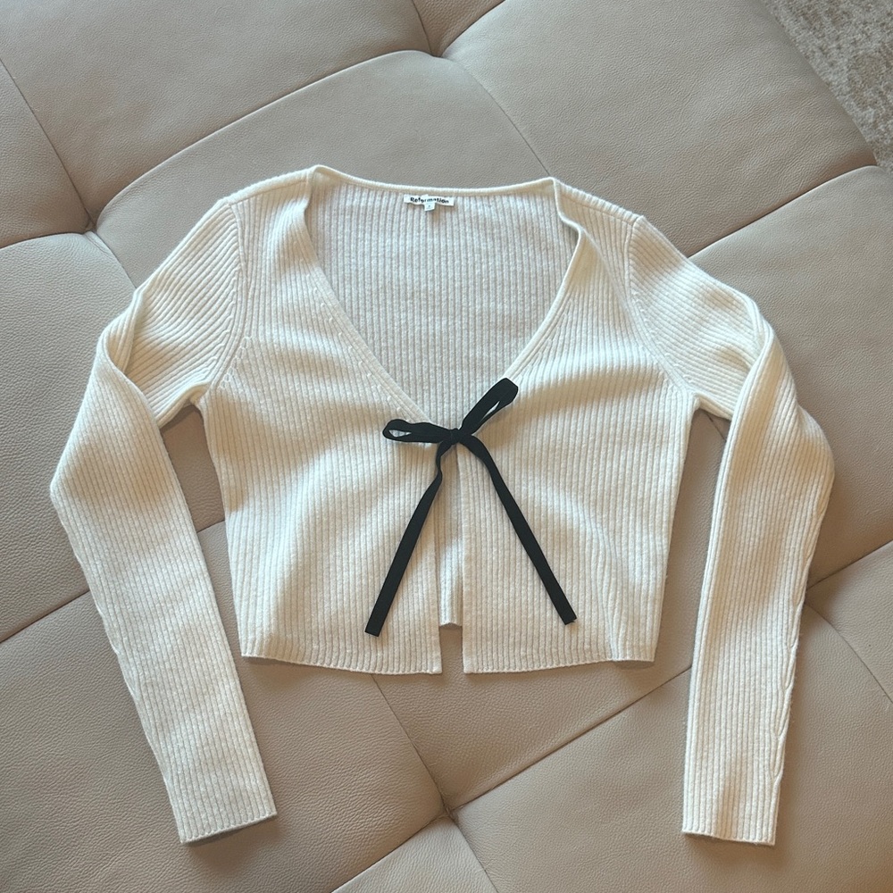 Reformation Cream Sweater with Black Bow